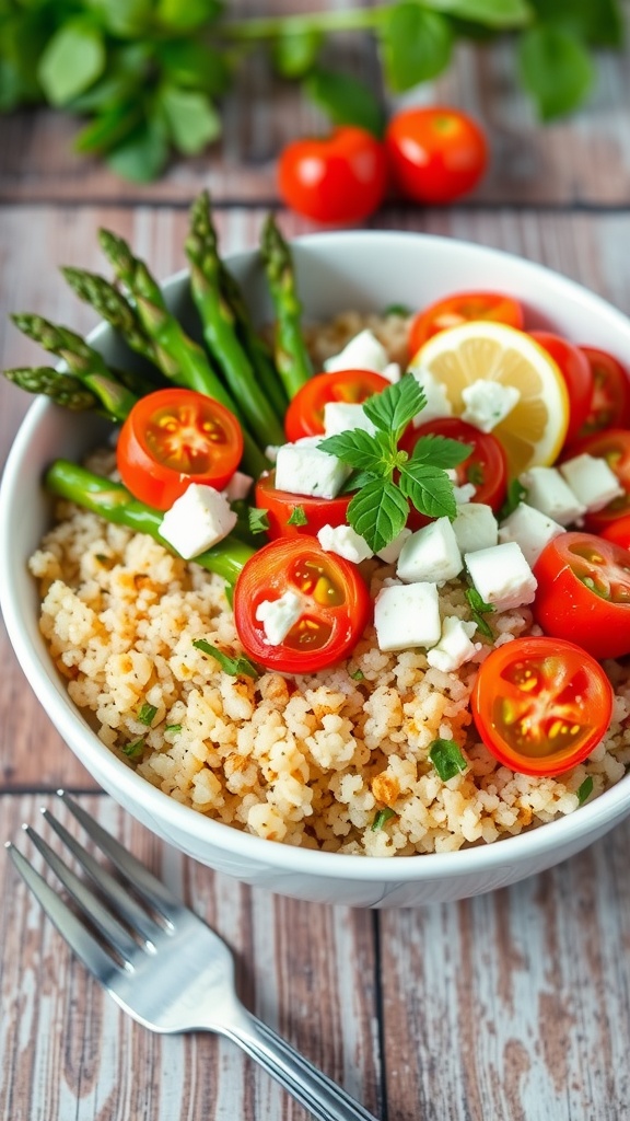 A colorful quinoa lunch bowl with roasted asparagus, cherry tomatoes, and feta cheese on a rustic wooden table.